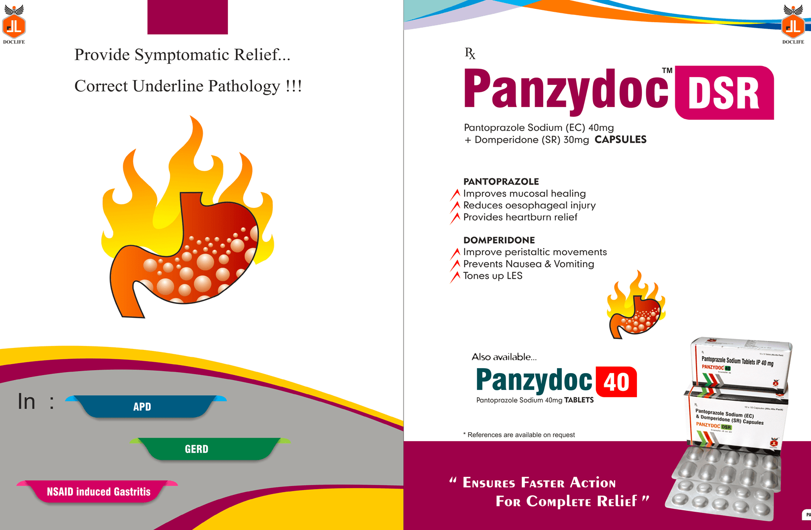 Doclife Pharmaceuticals | Pharma Product 'India' Market| Category: 'Underline Pathology' / 'Gastritis' | Name: 'Panzydoc-DSR' 'Pantoprazole Sodium (EC) 40mg' 'Domperidone (SR) 30mg' 'CAPSULES' | Helps in 'Gastritis', 'Mucosal Healing', 'Oesophageal injury' , 'heartburn' 